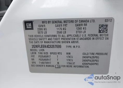 2012 Chevrolet Equinox 1Lt from USA, damaged, VIN 2GNFLEEK4C6267699